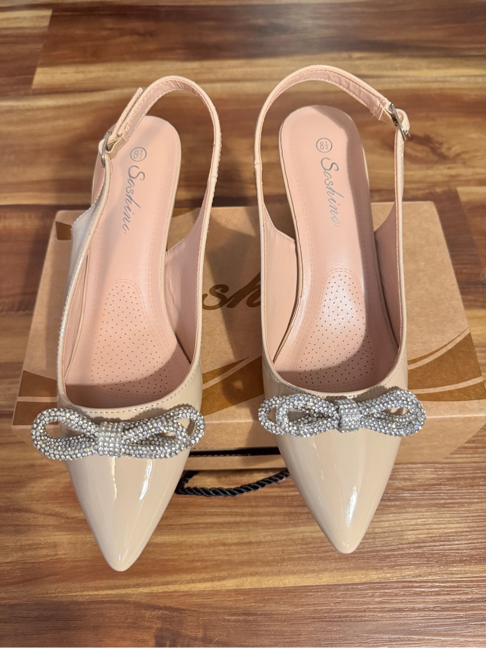 Soshino Women's Nude Patent Slingback Pointed Toe Pumps with Crystal Bow